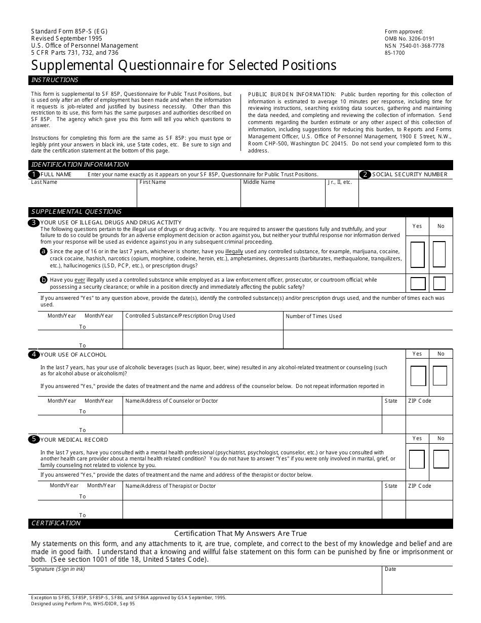 OPM Form SF-85P-S Supplemental Questionnaire for Selected Positions, Page 1