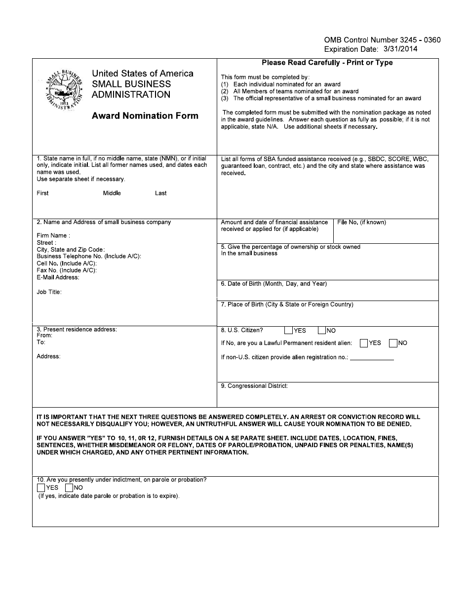 SBA Form 3300 Award Nomination Form, Page 1