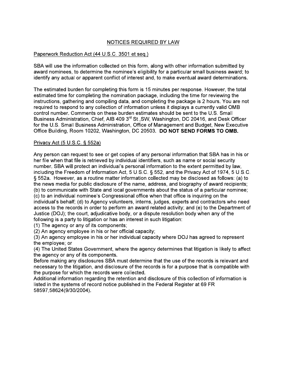 SBA Form 3300 Award Nomination Form, Page 3