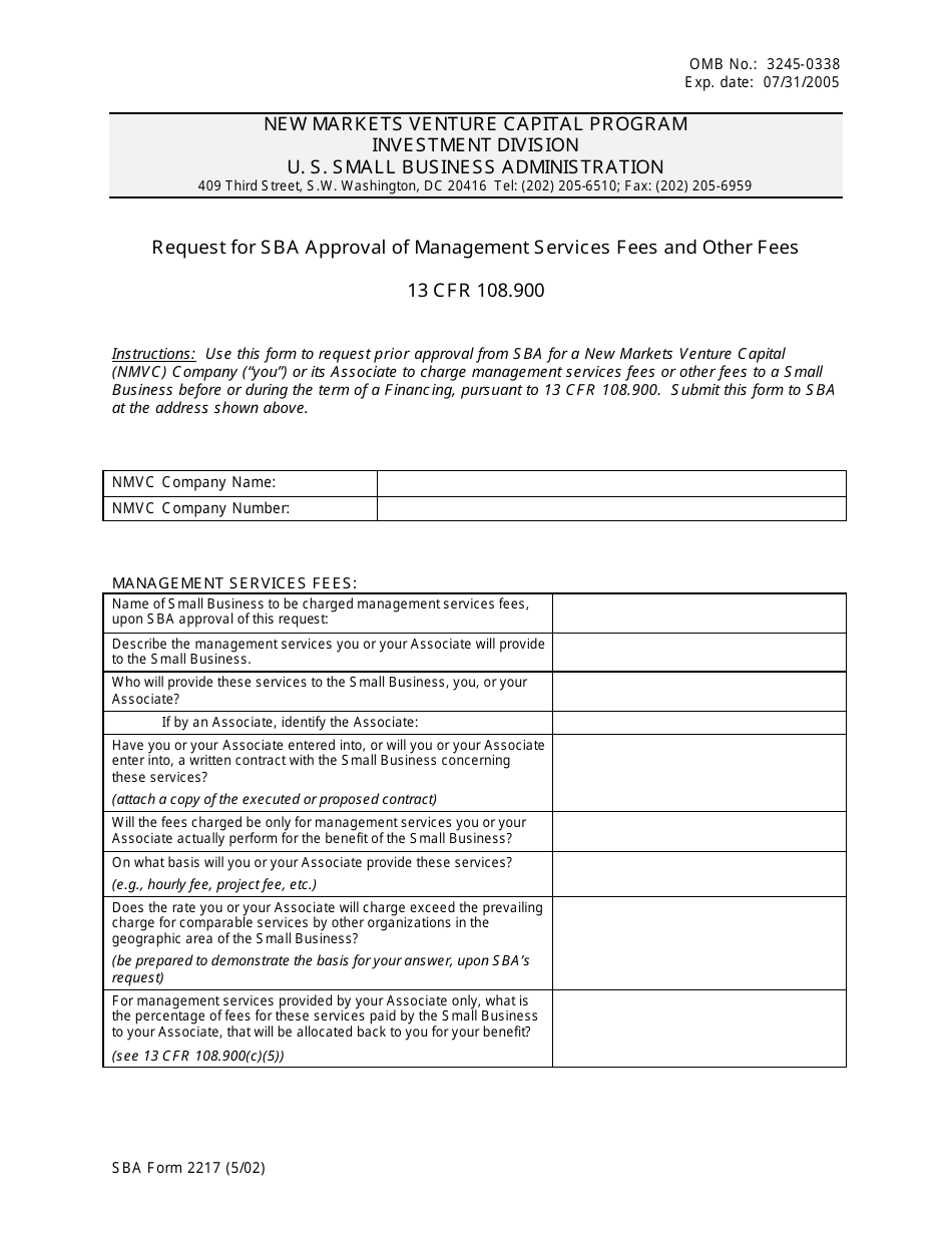 SBA Form 2217 Request for SBA Approval of Management Services Fees and Other Fees, Page 1
