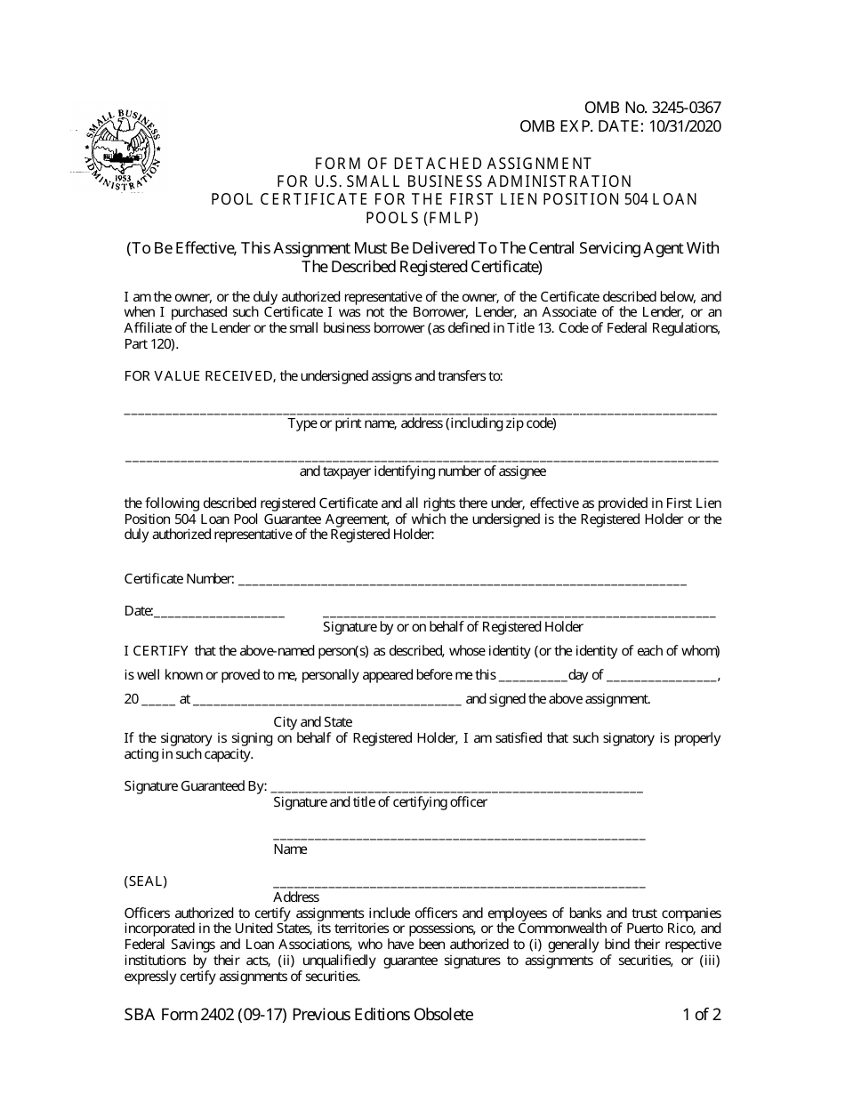 SBA Form 2402 Form of Detached Assignment for U.S. Small Business Administration Pool Certificate for the First Lien Position 504 Loan Pools (FMLP), Page 1