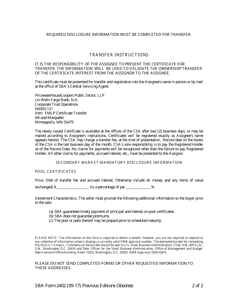 SBA Form 2402 Form of Detached Assignment for U.S. Small Business Administration Pool Certificate for the First Lien Position 504 Loan Pools (FMLP), Page 2