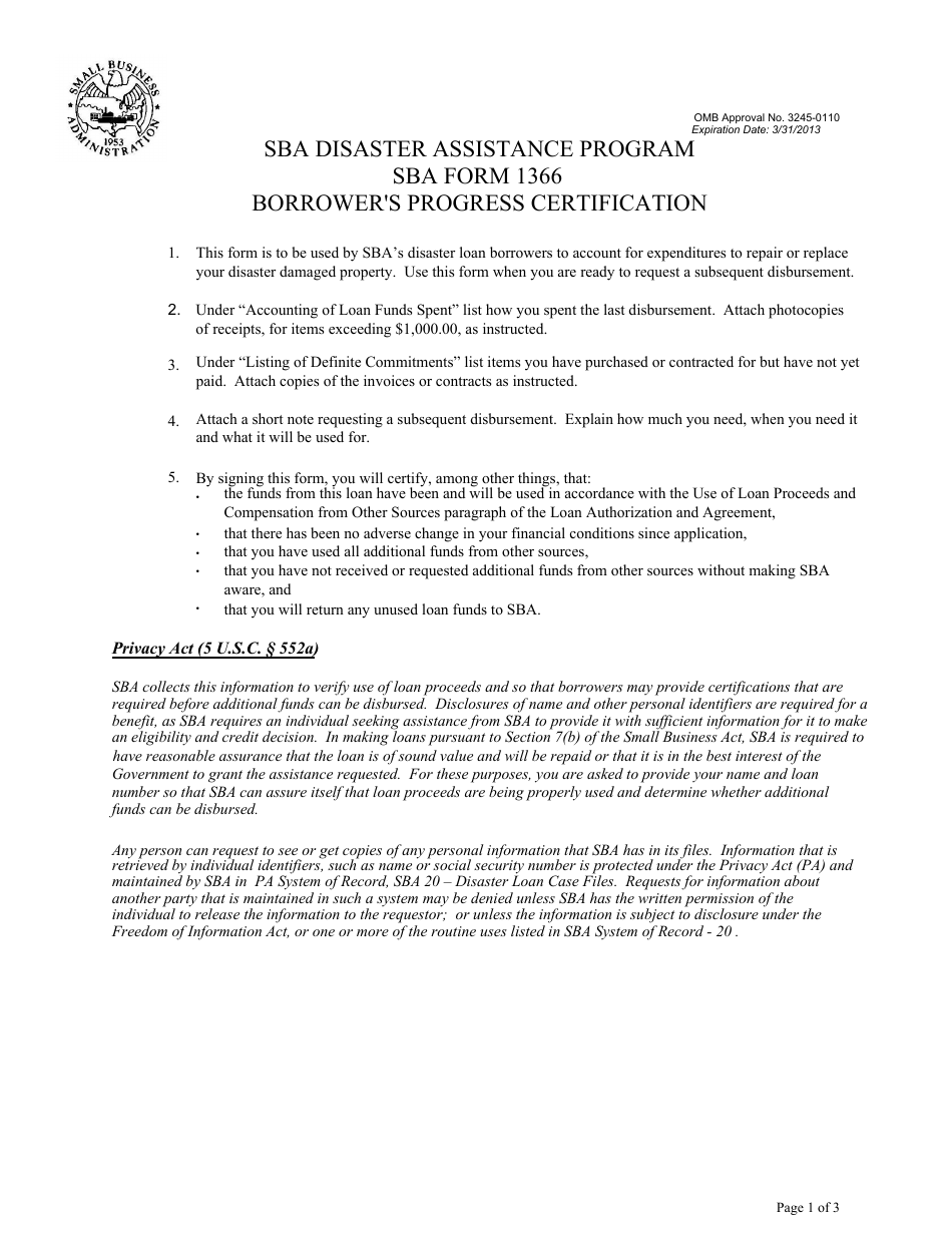 SBA Form 1366 Borrowers Progress Certification - SBA Disaster Assistance Program, Page 1