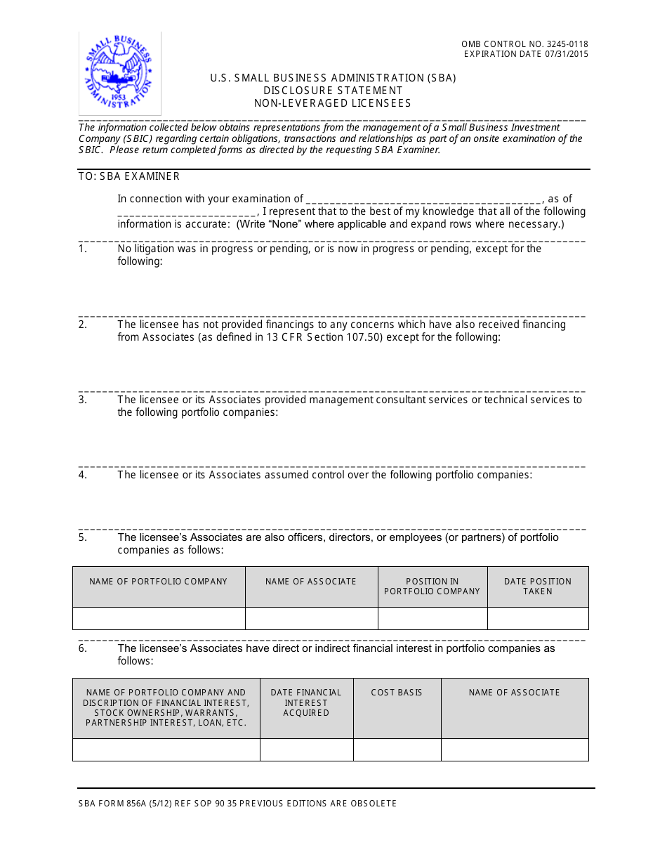 SBA Form 856A Disclosure Statement - Non-leveraged Licensees, Page 1