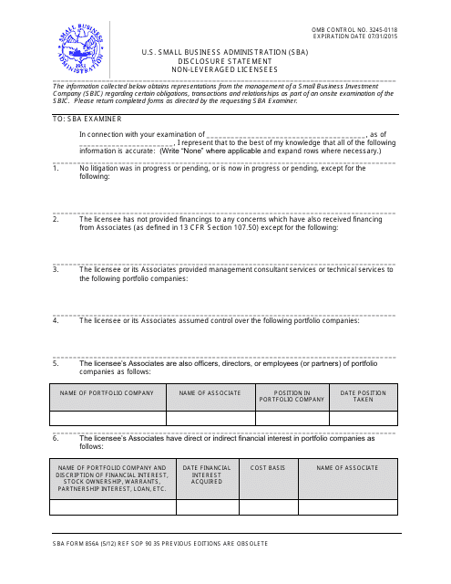 SBA Form 856A Disclosure Statement - Non-leveraged Licensees