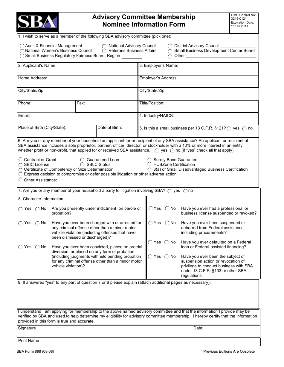 SBA Form 898 Advisory Committee Membership Nominee Information Form, Page 1