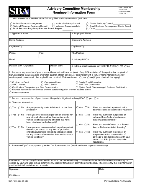 SBA Form 898  Printable Pdf