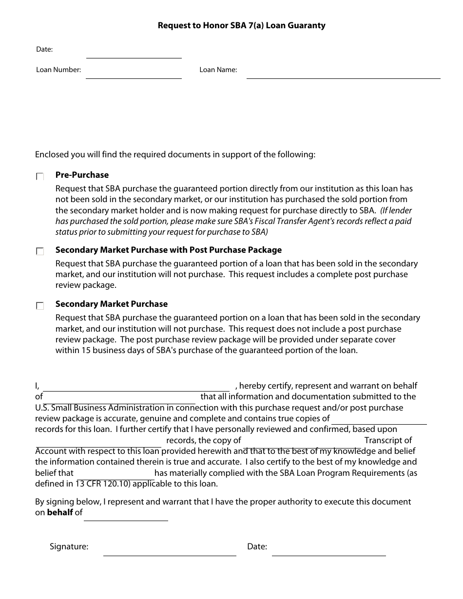Request to Honor SBA 7(A) Loan Guaranty, Page 1