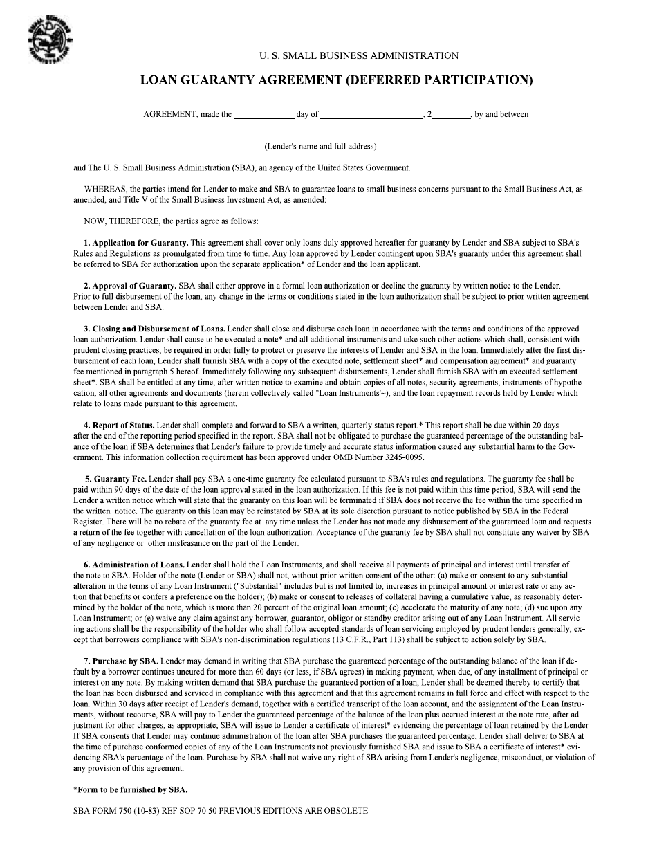 SBA Form 750 Lenders Loan Guaranty Agreement (Deferred Participation), Page 1