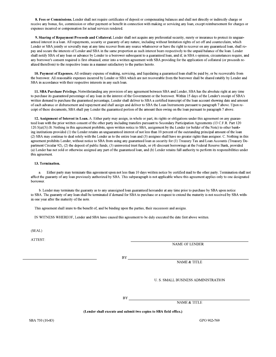 SBA Form 750 Lenders Loan Guaranty Agreement (Deferred Participation), Page 2