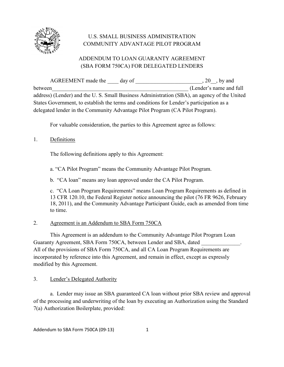 SBA Form 750CA Addendum to Loan Guaranty Agreement for Delegated Lenders - Community Advantage Pilot Program, Page 1