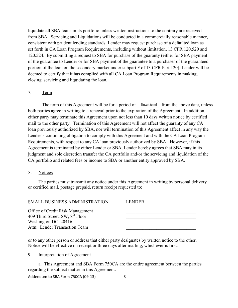 SBA Form 750CA Addendum to Loan Guaranty Agreement for Delegated Lenders - Community Advantage Pilot Program, Page 3