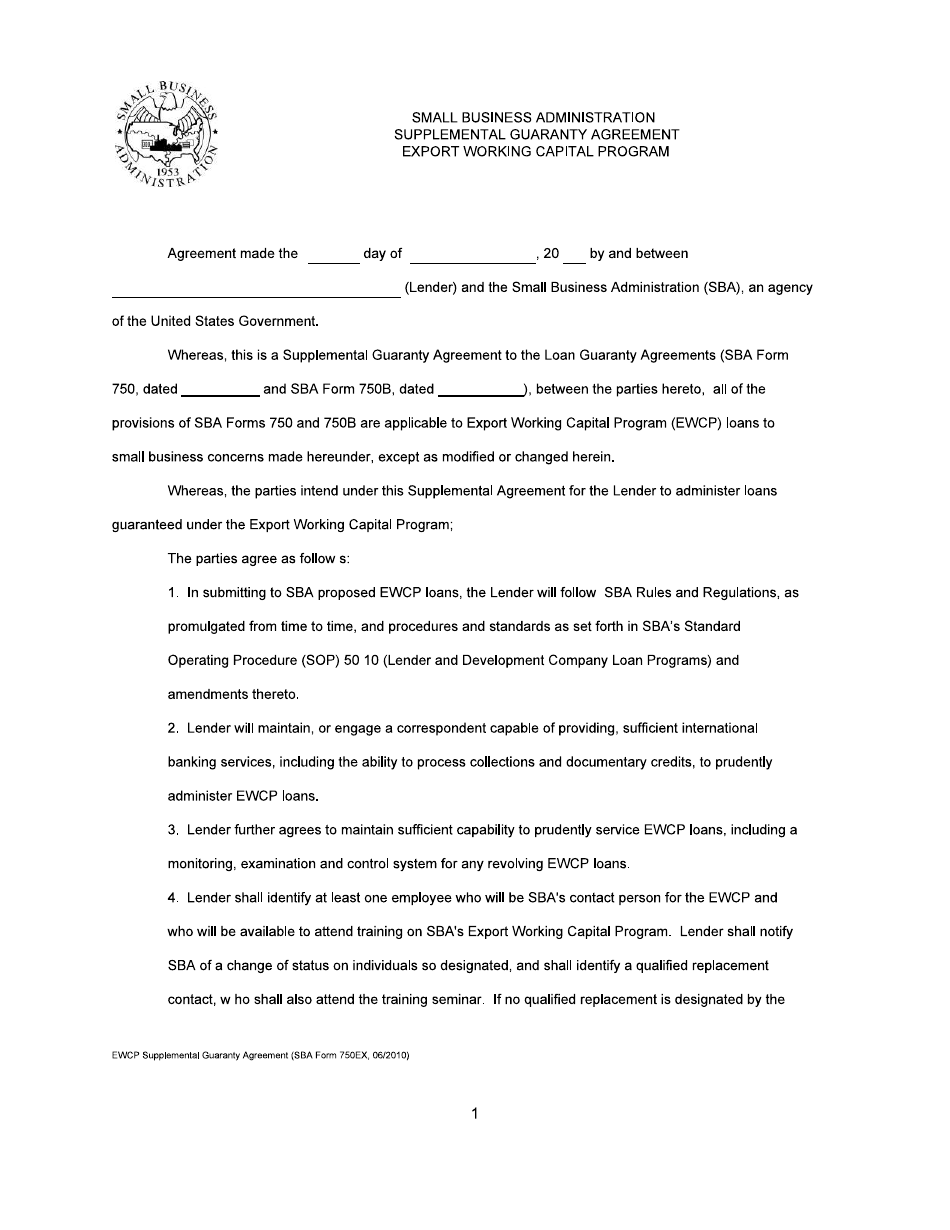SBA Form 750EX Supplemental Guaranty Agreement - Export Working Capital Program, Page 1