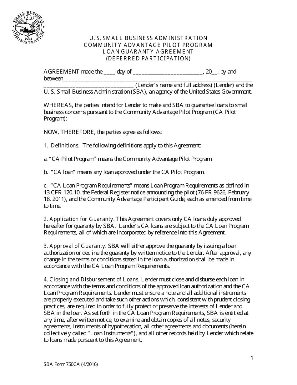 SBA Form 750CA Loan Guaranty Agreement (Deferred Participation) - Community Advantage Pilot Program, Page 1