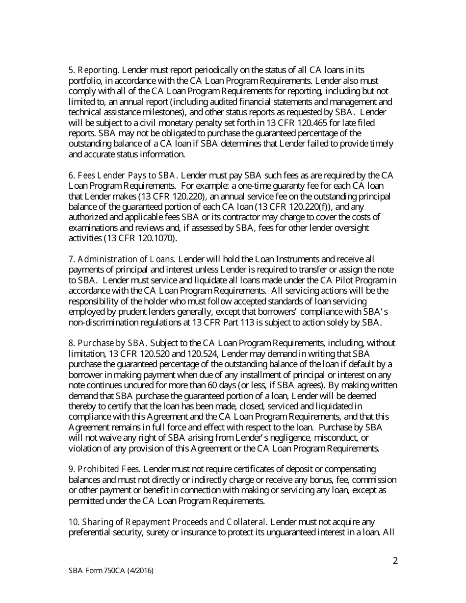 SBA Form 750CA Loan Guaranty Agreement (Deferred Participation) - Community Advantage Pilot Program, Page 2