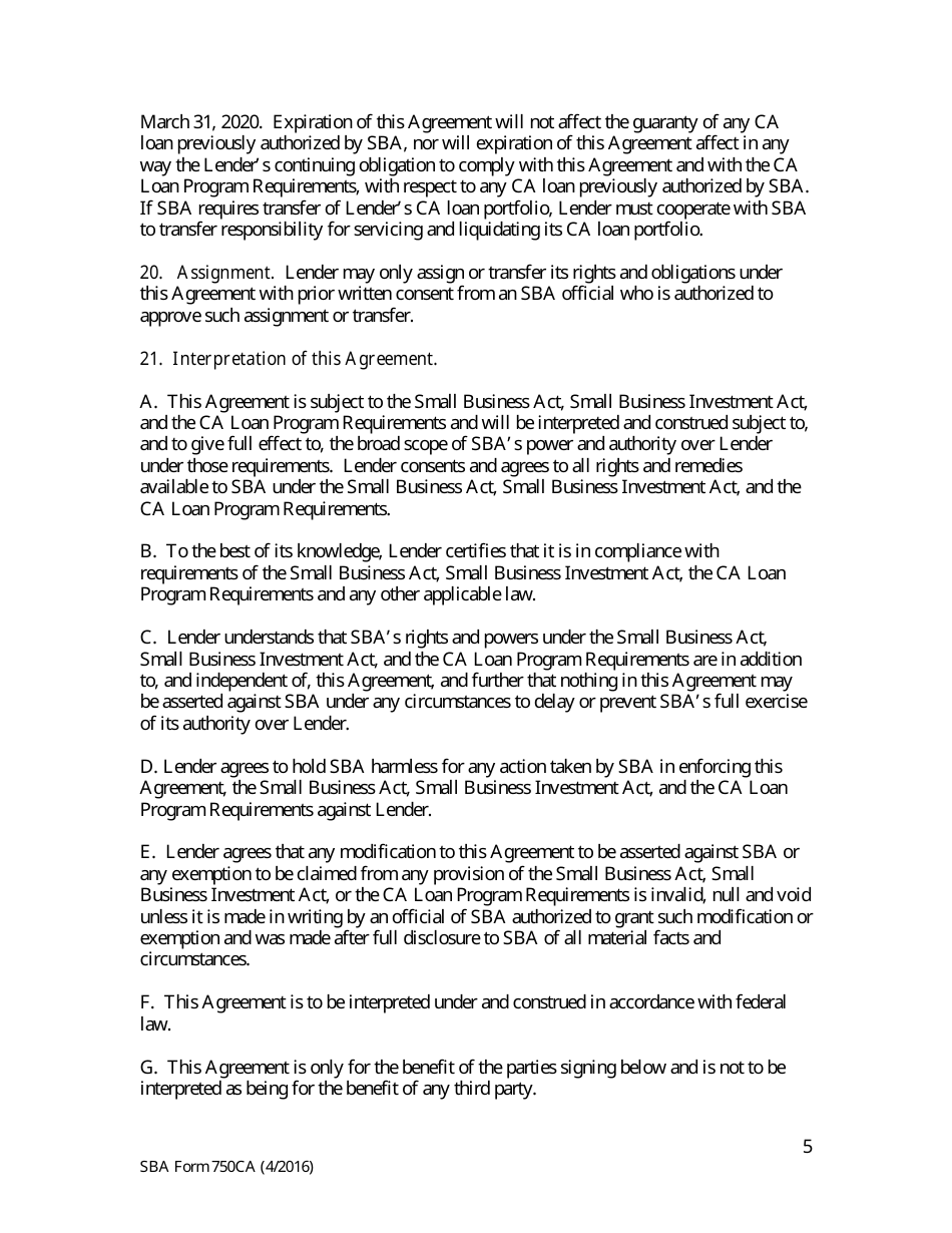 SBA Form 750CA Loan Guaranty Agreement (Deferred Participation) - Community Advantage Pilot Program, Page 5