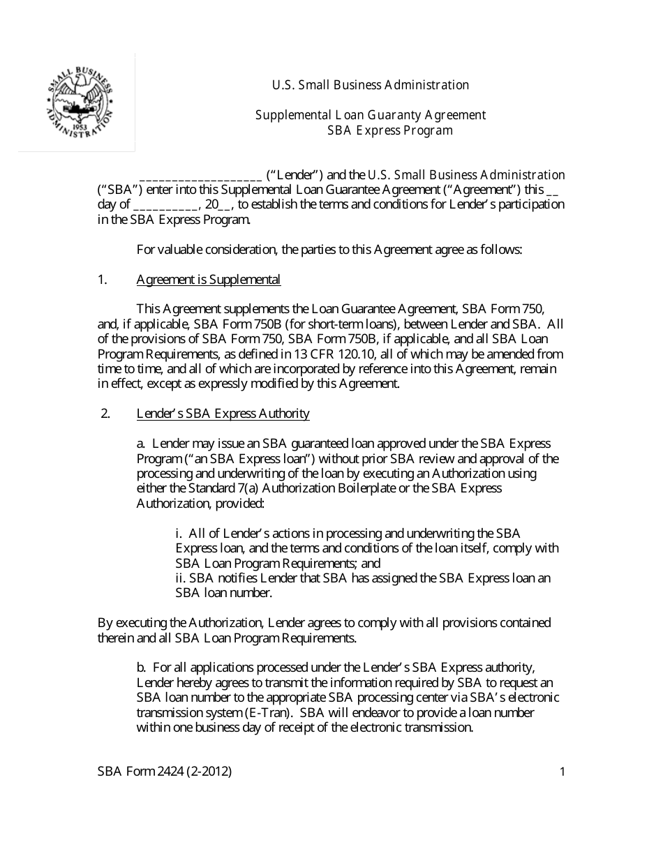 SBA Form 2424 Supplemental Loan Guaranty Agreement - SBA Express Program, Page 1