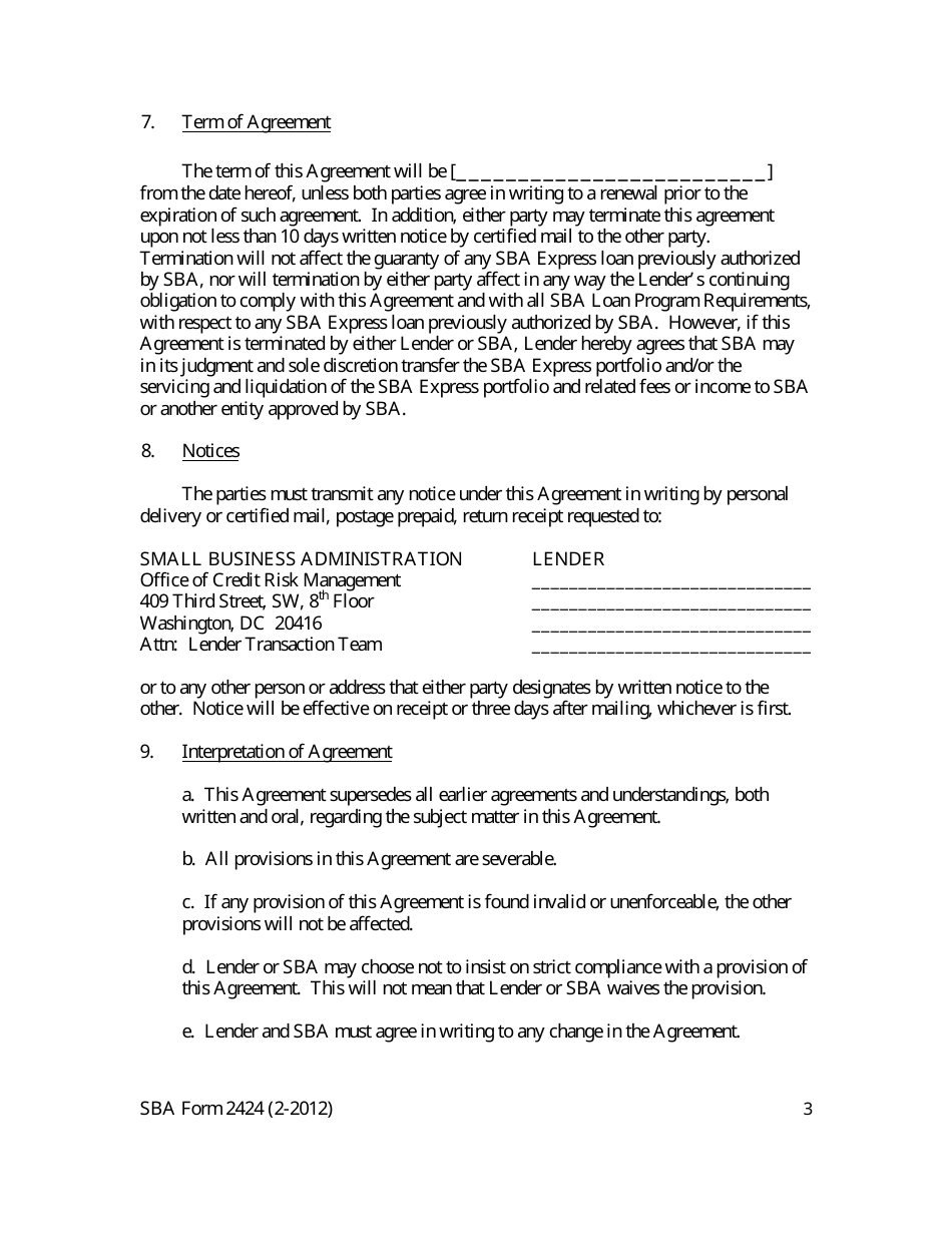 SBA Form 2424 Supplemental Loan Guaranty Agreement - SBA Express Program, Page 3