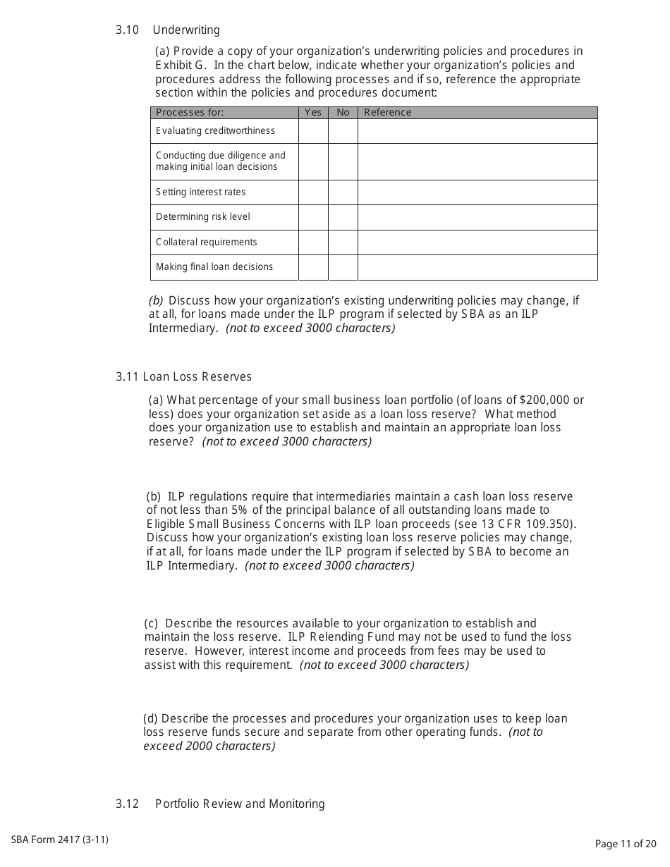 SBA Form 2417 Application for Selection - Intermediary Lending Pilot (ILP) Program, Page 11
