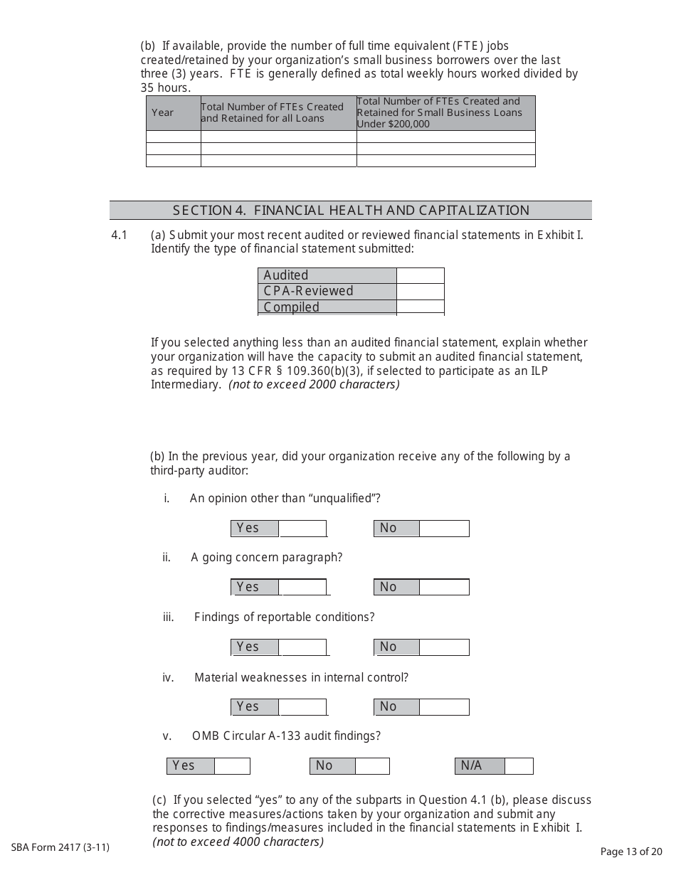 SBA Form 2417 Application for Selection - Intermediary Lending Pilot (ILP) Program, Page 13