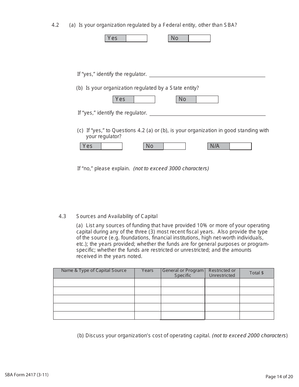 SBA Form 2417 Application for Selection - Intermediary Lending Pilot (ILP) Program, Page 14