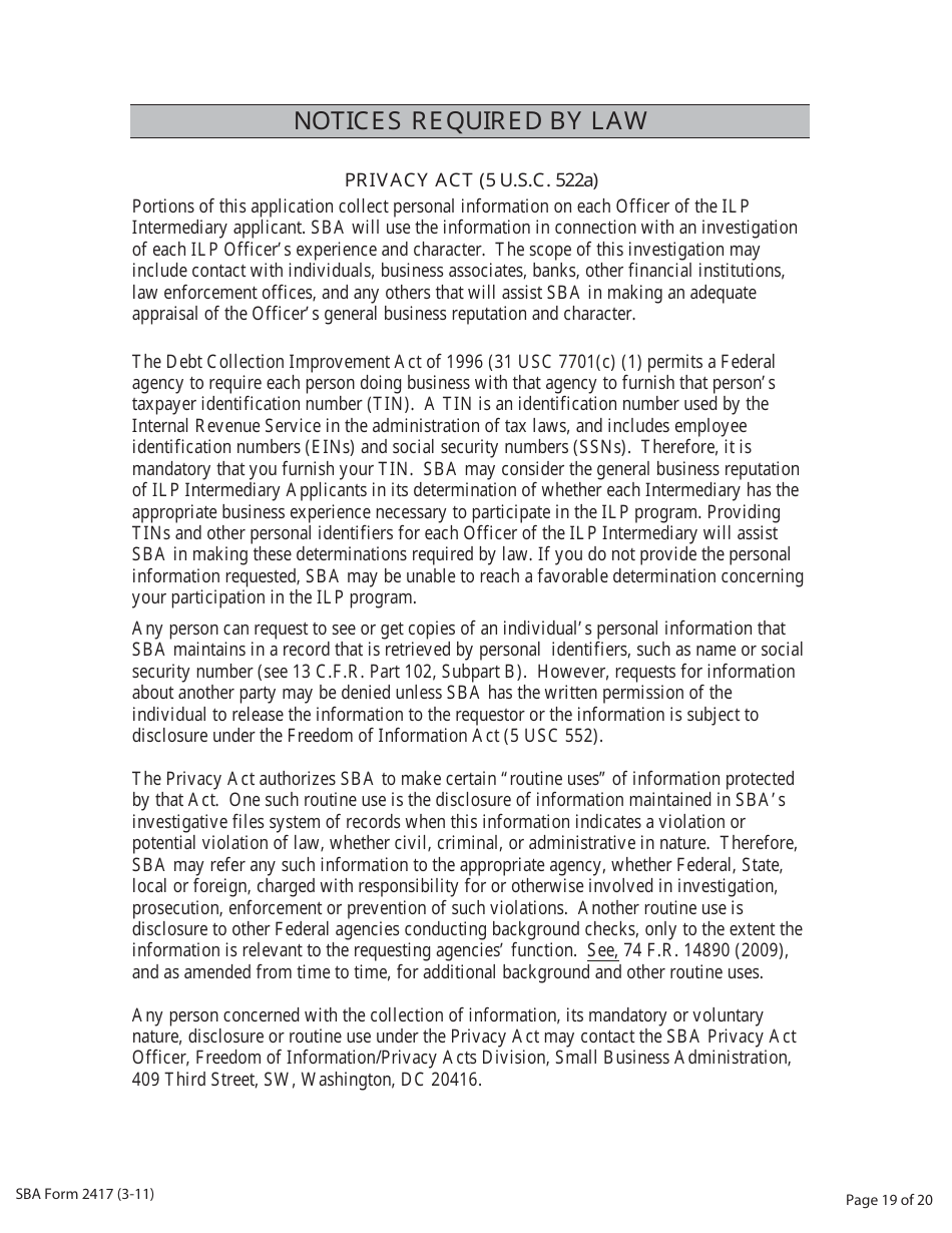 SBA Form 2417 Application for Selection - Intermediary Lending Pilot (ILP) Program, Page 19