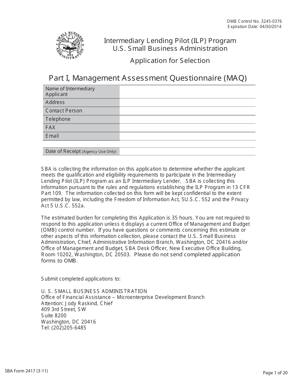 SBA Form 2417 Application for Selection - Intermediary Lending Pilot (ILP) Program, Page 1
