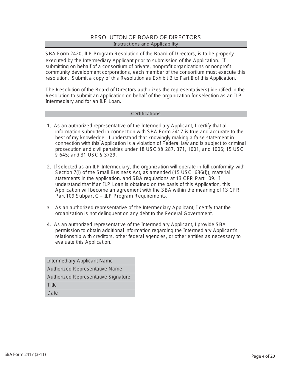SBA Form 2417 Application for Selection - Intermediary Lending Pilot (ILP) Program, Page 4