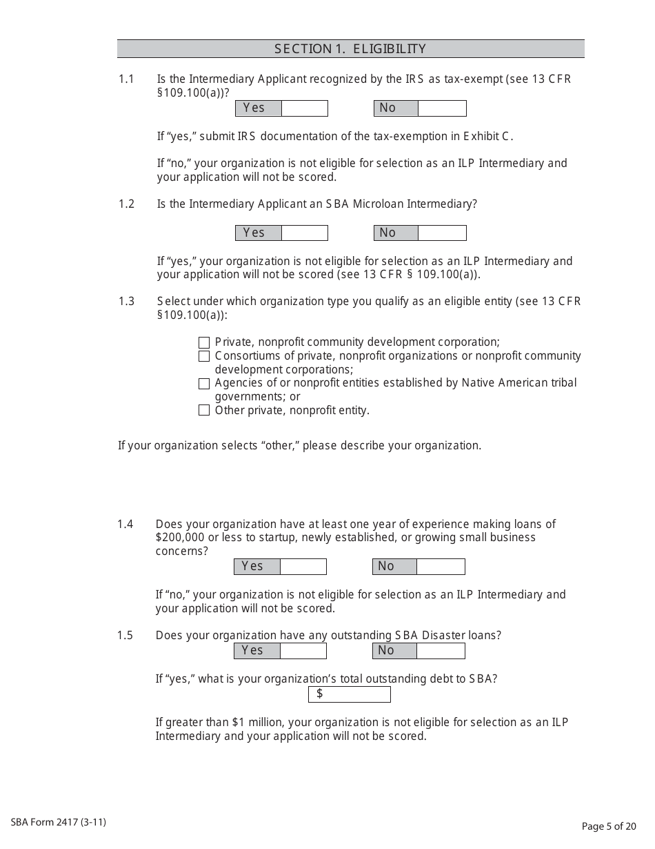 SBA Form 2417 Application for Selection - Intermediary Lending Pilot (ILP) Program, Page 5