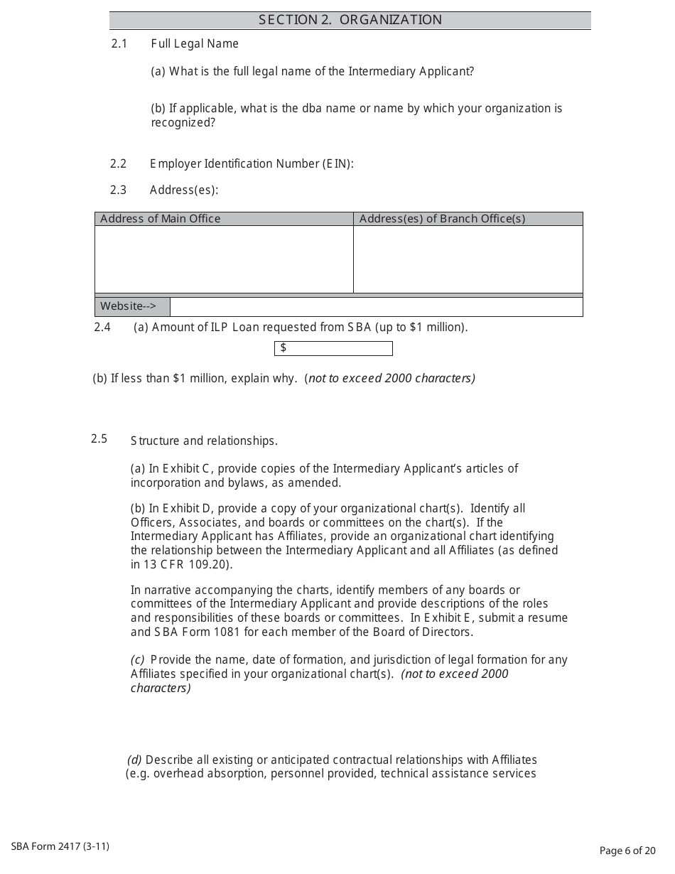 SBA Form 2417 Application for Selection - Intermediary Lending Pilot (ILP) Program, Page 6