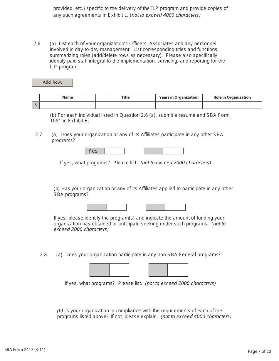 SBA Form 2417 Application for Selection - Intermediary Lending Pilot (ILP) Program, Page 7