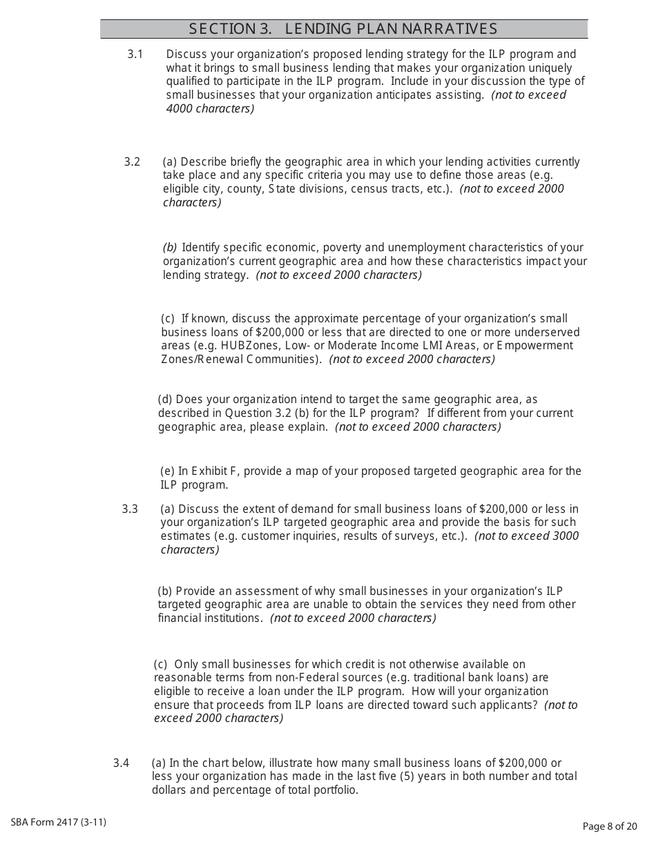 SBA Form 2417 Application for Selection - Intermediary Lending Pilot (ILP) Program, Page 8