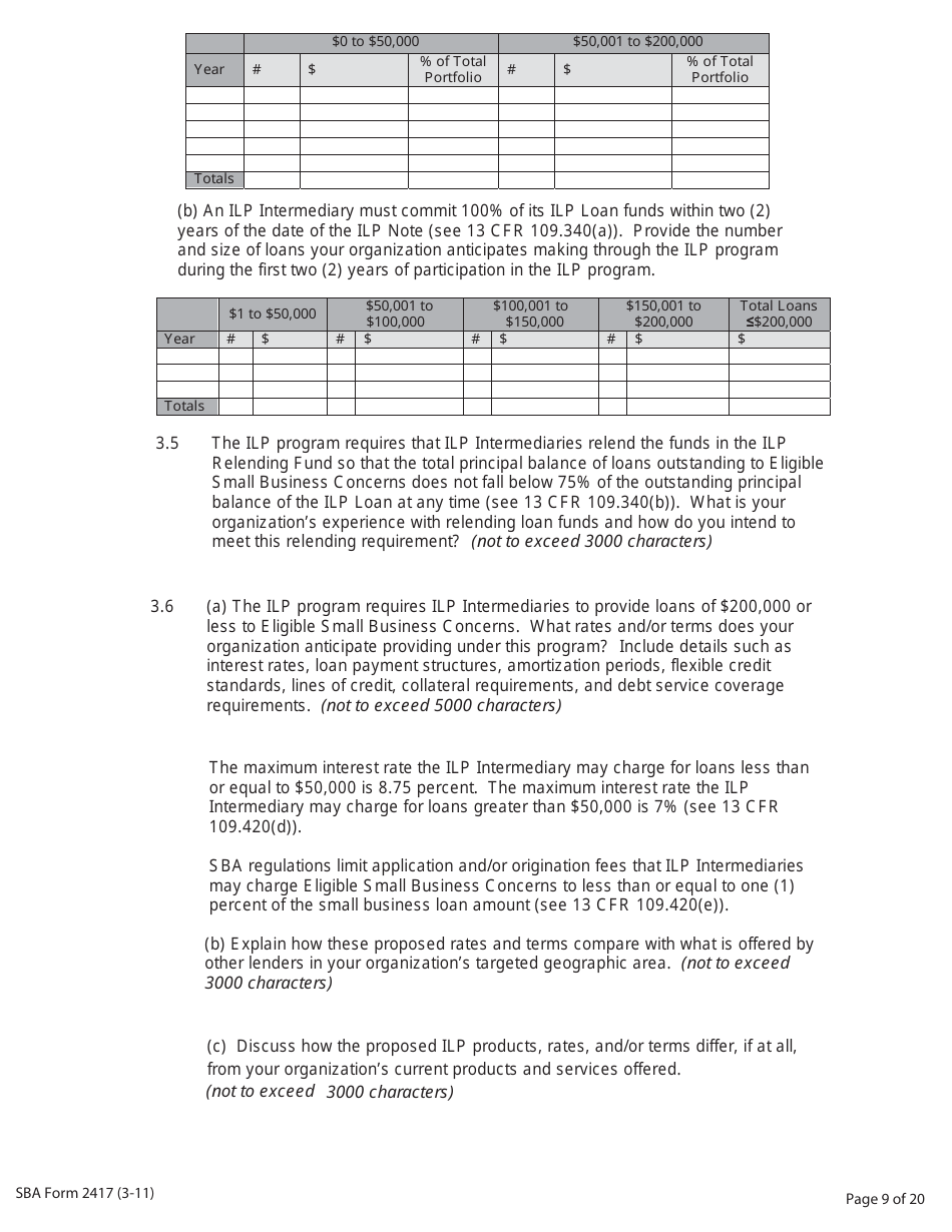 SBA Form 2417 Application for Selection - Intermediary Lending Pilot (ILP) Program, Page 9
