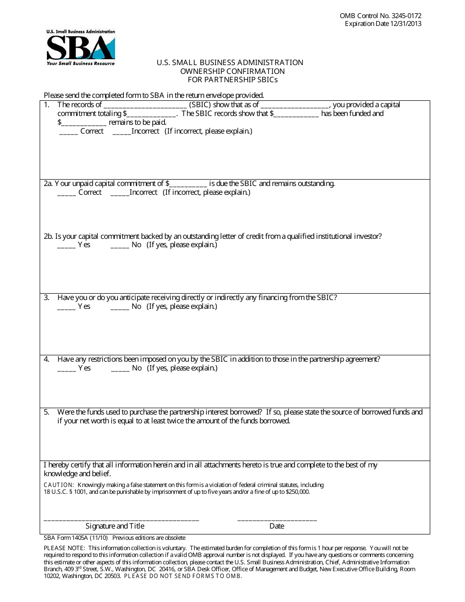 SBA Form 1405A Ownership Confirmation for Partnership Sbics, Page 1