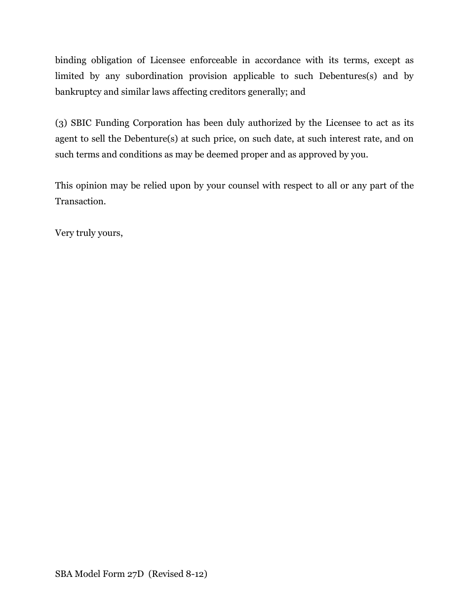 SBA Form 27D Model Opinion of Independent Counsel for Draw of Early Stage Current Pay Debenture Against Early Stage Debenture Commitment, Page 3