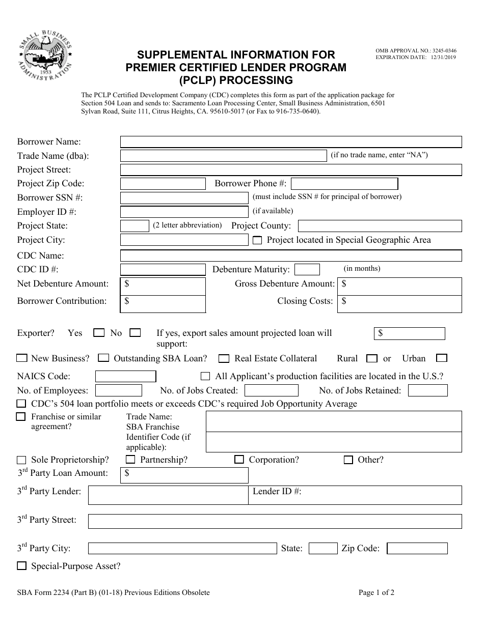 SBA Form 2234 Part B Supplemental Information for Premier Certified Lender Program (PCLP) Processing, Page 1