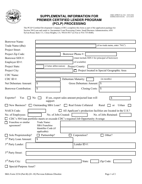 SBA Form 2234 Part B  Printable Pdf