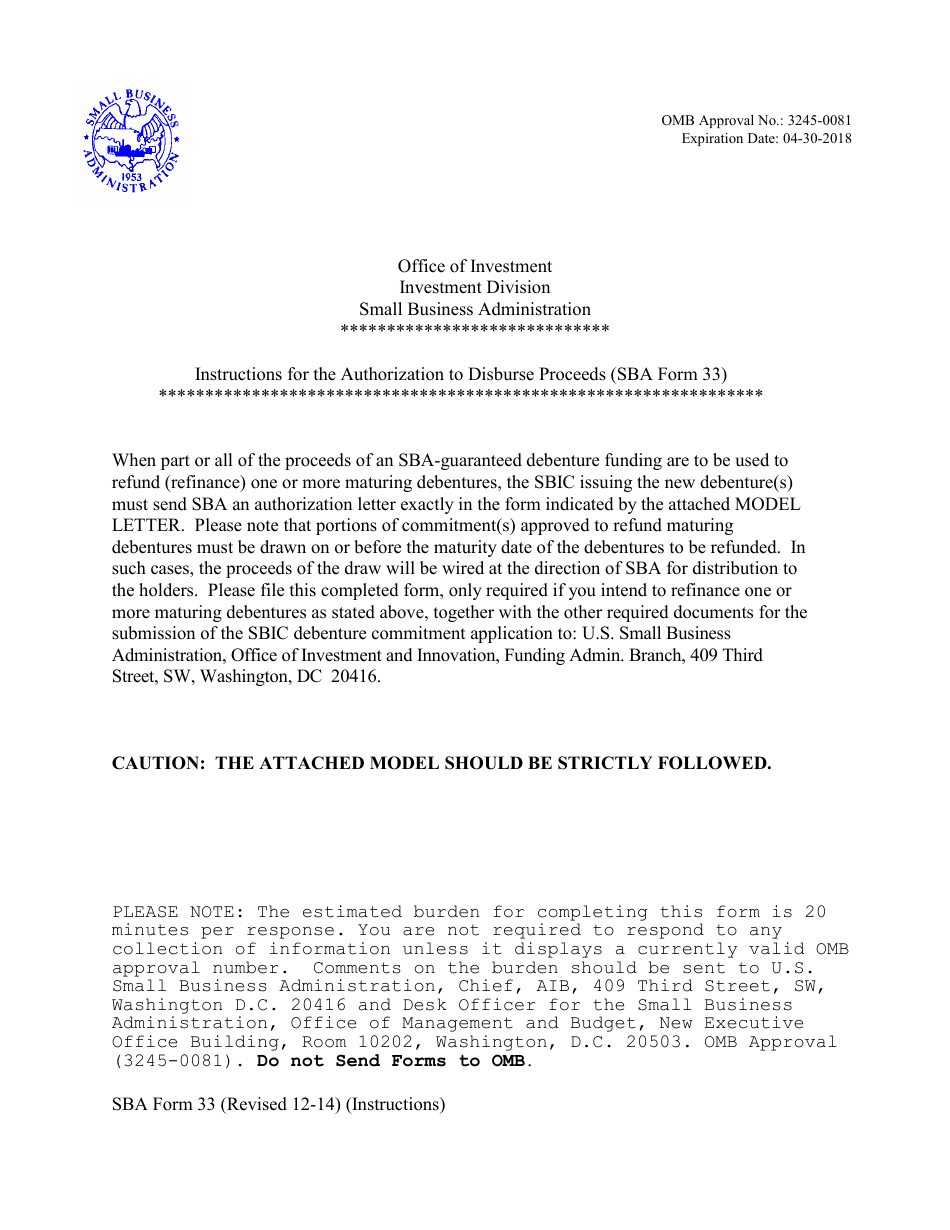 SBA Form 33 Authorization to Disburse Proceeds, Page 1