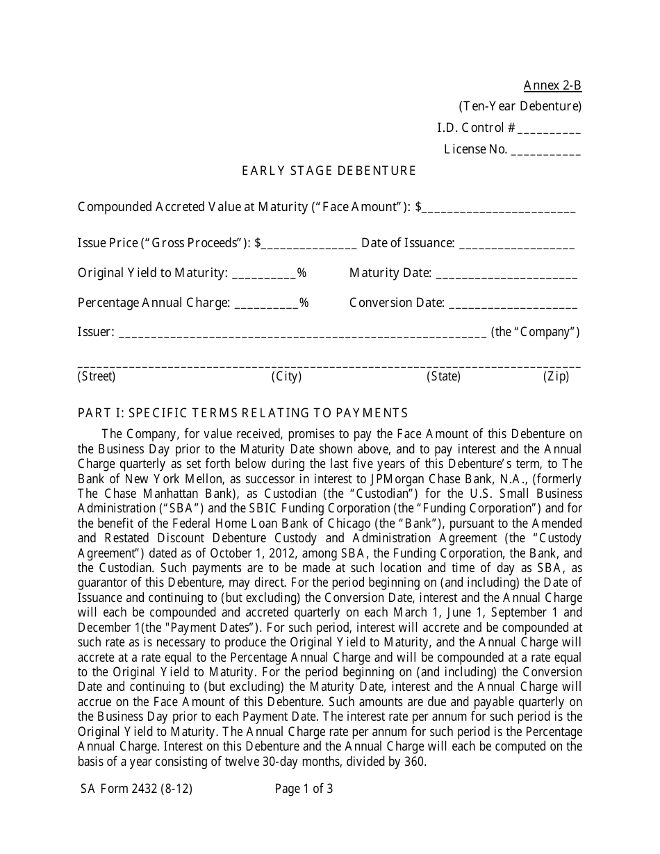 SBA Form 2432 Annex 2-B Early Stage Debenture (Ten-Year Debenture), Page 1