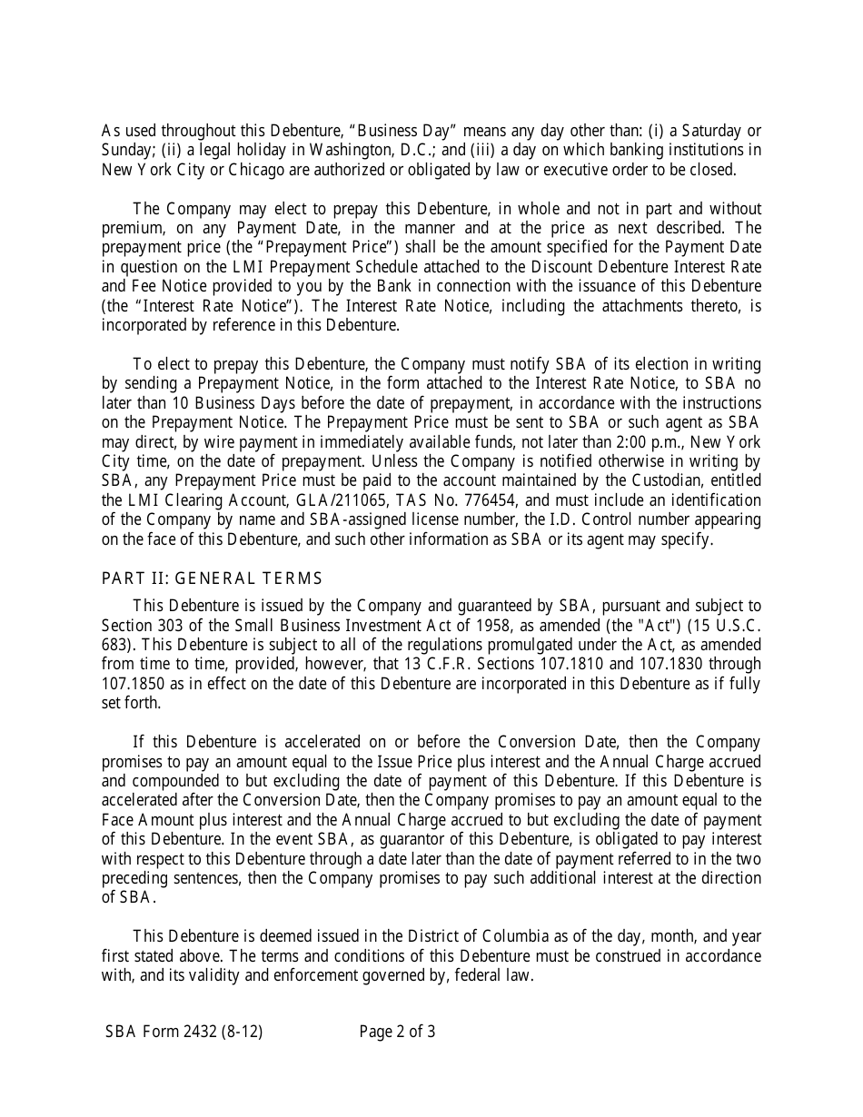 SBA Form 2432 Annex 2-B Early Stage Debenture (Ten-Year Debenture), Page 2