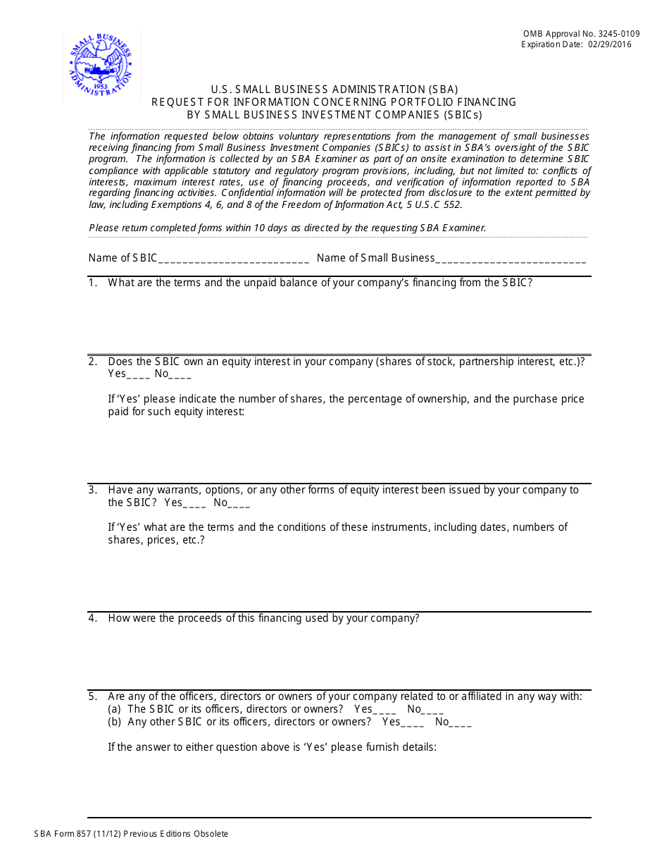 SBA Form 857 Request for Information Concerning Portfolio Financing by Small Business Investment Companies (SBICs), Page 1
