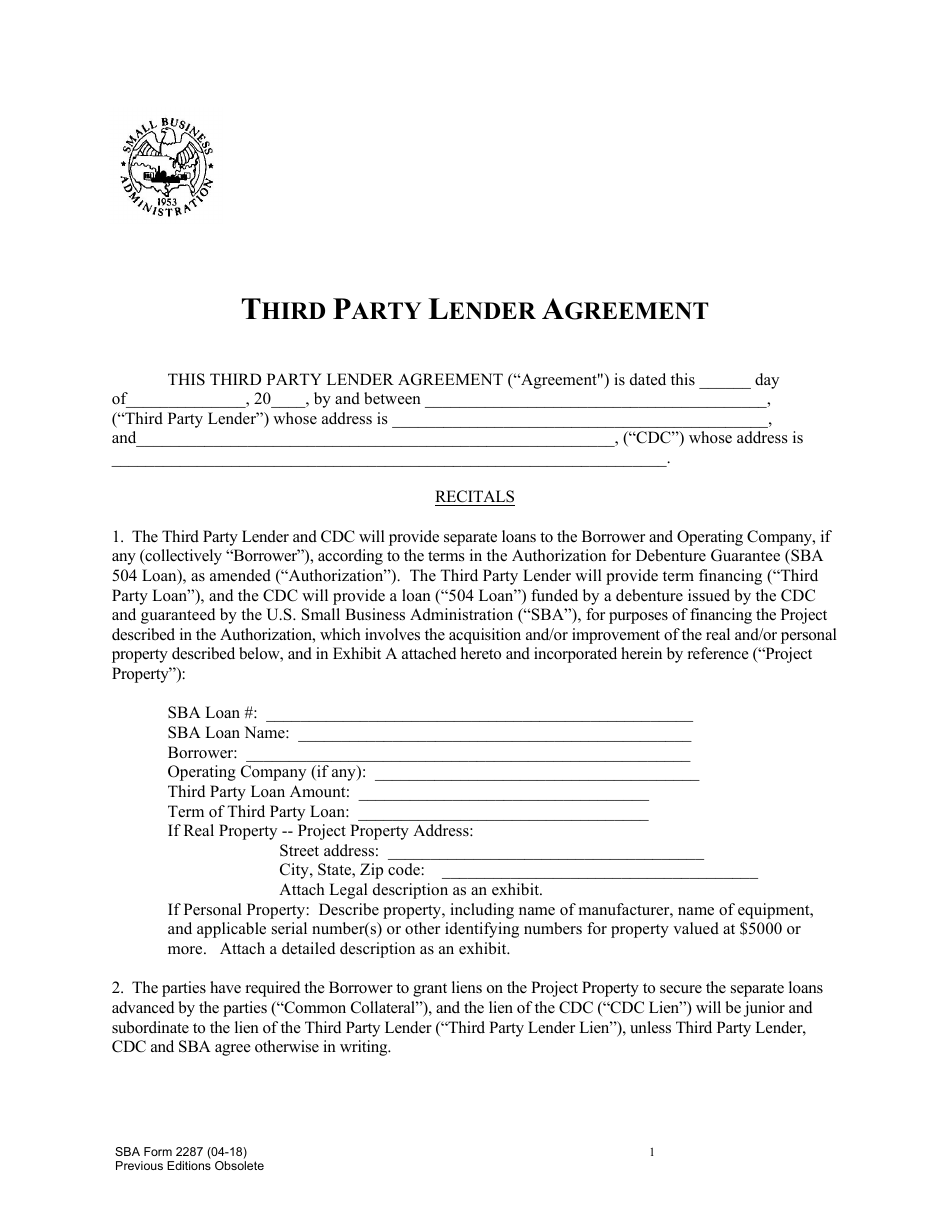 SBA Form 2287 Third Party Lender Agreement, Page 1
