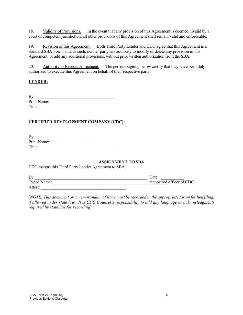 SBA Form 2287 Third Party Lender Agreement, Page 6