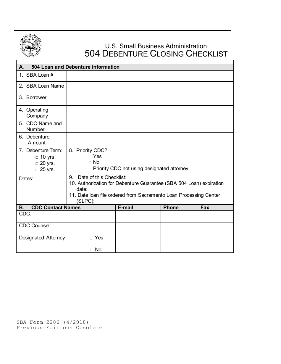 SBA Form 2286 504 Debenture Closing Checklist, Page 1