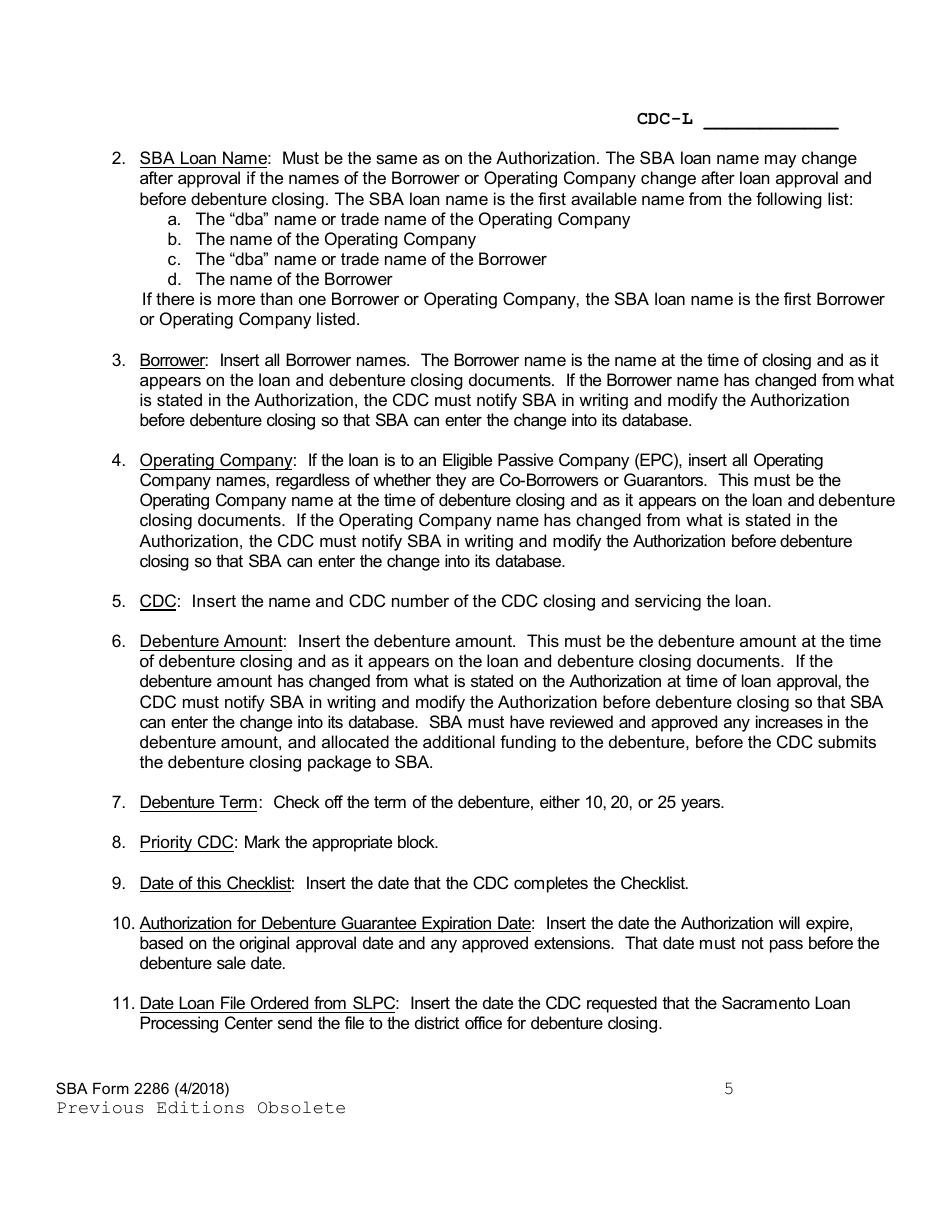 SBA Form 2286 504 Debenture Closing Checklist, Page 5