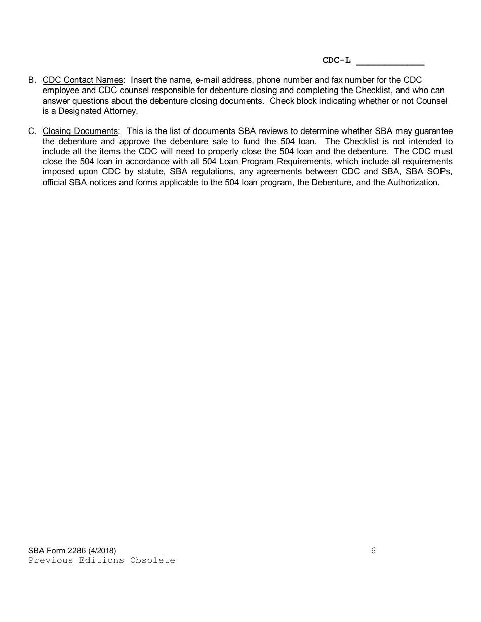 SBA Form 2286 504 Debenture Closing Checklist, Page 6