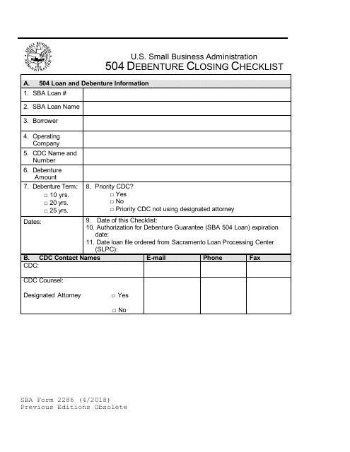 SBA Form 2286 504 Debenture Closing Checklist