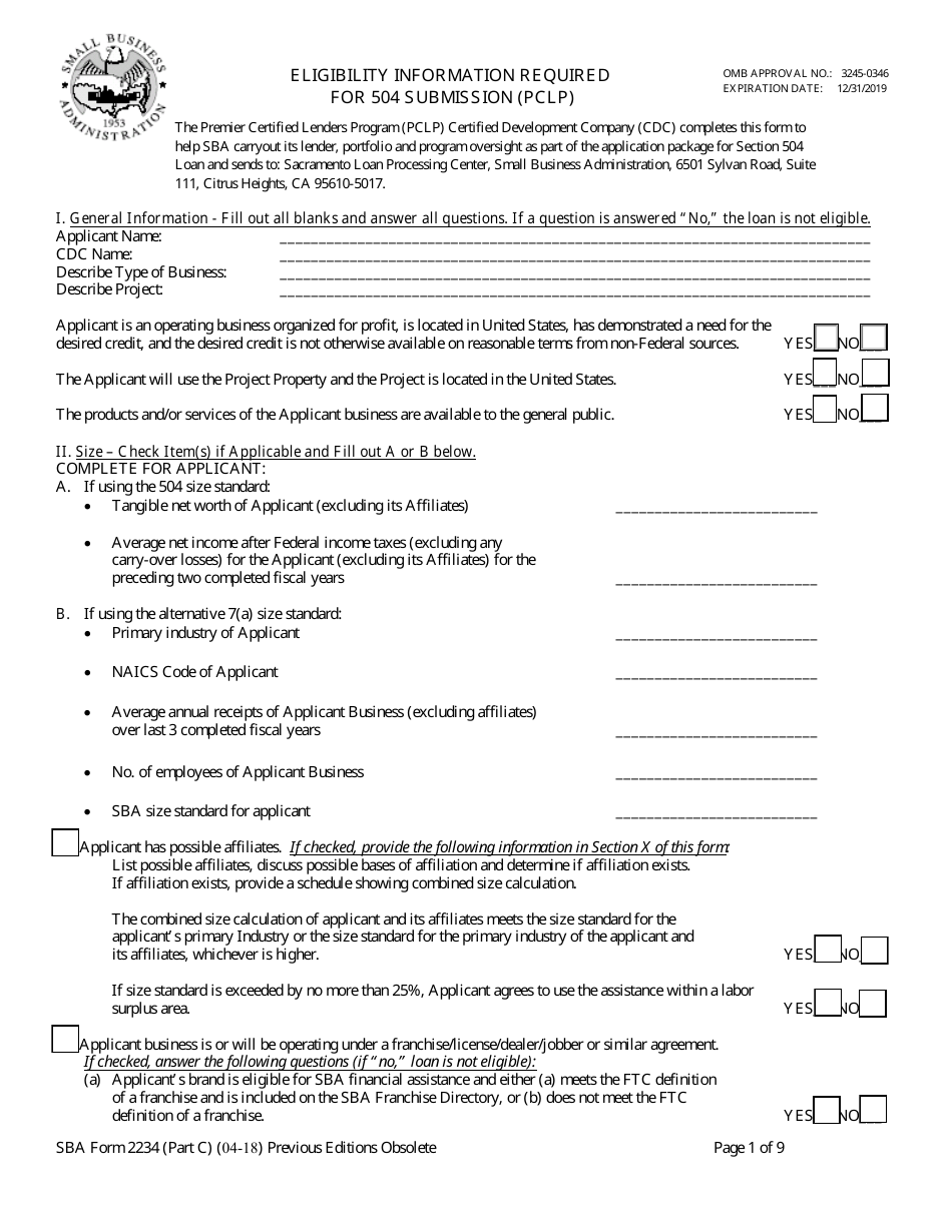 SBA Form 2234 (PART C) Eligibility Information Required for 504 Submission (PCLP), Page 1