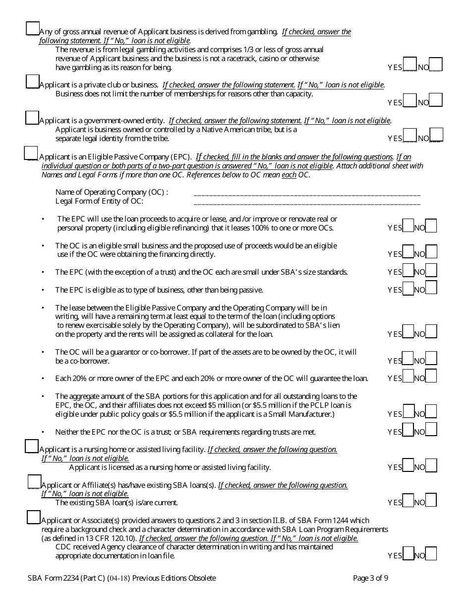 SBA Form 2234 (PART C) Eligibility Information Required for 504 Submission (PCLP), Page 3