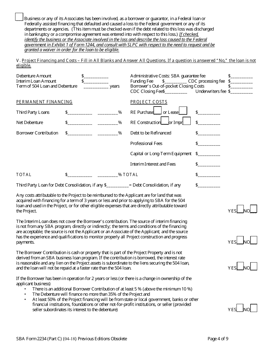 SBA Form 2234 (PART C) Eligibility Information Required for 504 Submission (PCLP), Page 4
